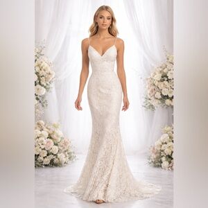 Dave & Johnny Bridal Ivory Lace Wedding Gown Size 8 Open Back Floor Length